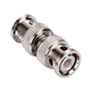 Silver BNC male coaxial plug showing center contact and threaded collar