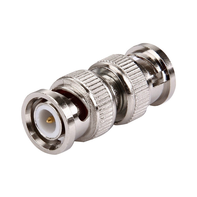 Two BNC male plug ends, silver metal with knurled grip collars