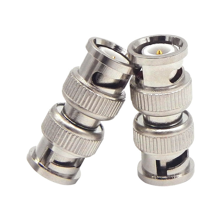 Two silver BNC male plugs facing each other with knurled collars