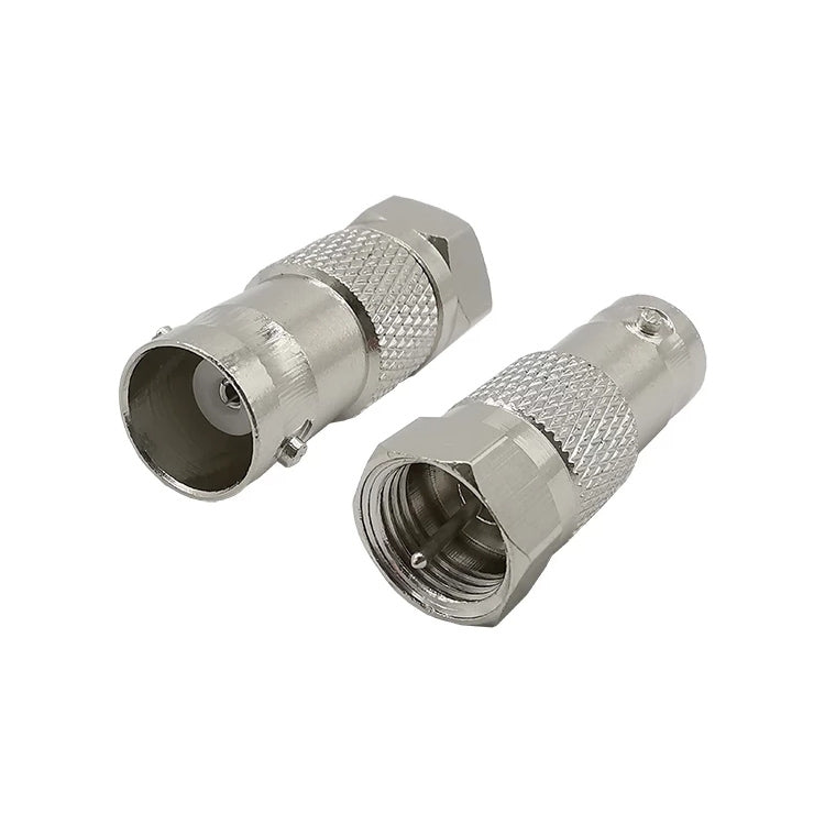 BNC jack to F plug coaxial adapter, silver metal, textured grip and hex coupling