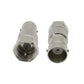 BNC jack to F plug coaxial adapter showing two threaded connector ends, silver metal