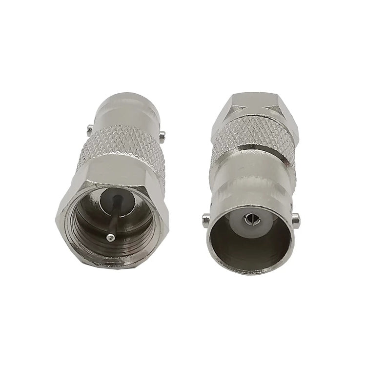 BNC jack to F plug coaxial adapter showing two threaded connector ends, silver metal