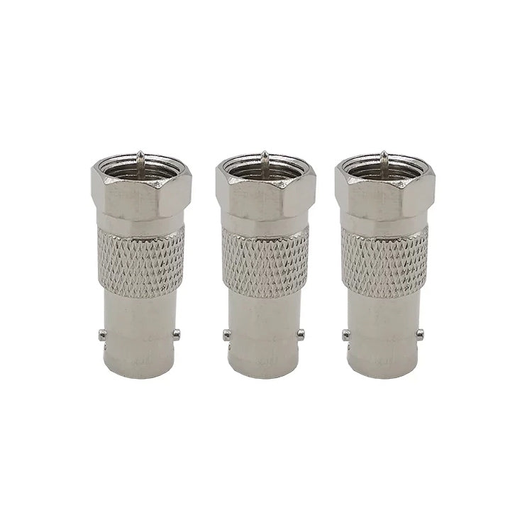 Three-pack BNC jack to F plug coaxial adapter ends, silver metal with threaded ports