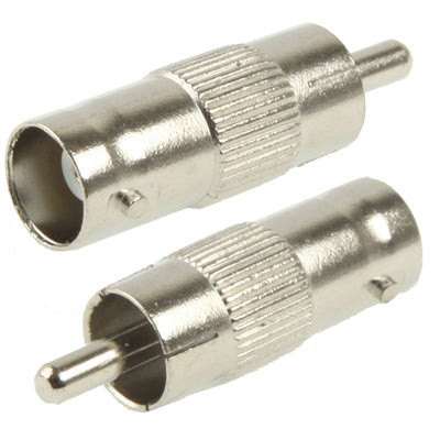 Metal BNC-to-RCA adapter plug with knurled grip and RCA pin