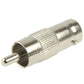 Silver BNC-to-RCA adapter plug with RCA center pin and knurled grip