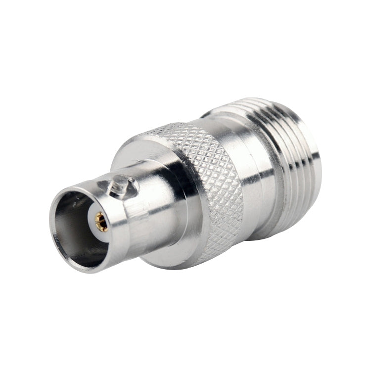 BNC to N RF coaxial adapter connector, chrome-silver metal body with knurled grip