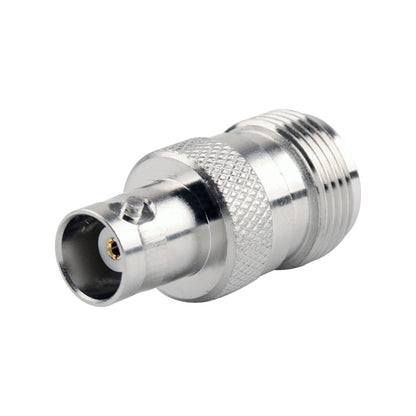 BNC to N RF coaxial adapter connector, chrome-silver metal body with knurled grip