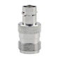 BNC to N adapter connector, front view of silver metal coupling and textured band