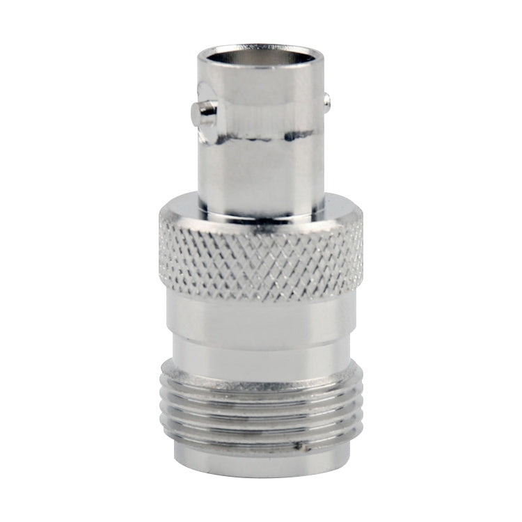 BNC to N adapter connector, front view of silver metal coupling and textured band