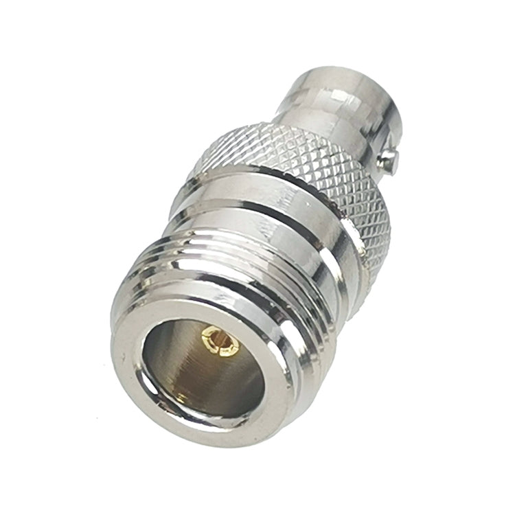 BNC to N adapter connector with gold center pin contact on chrome-silver face