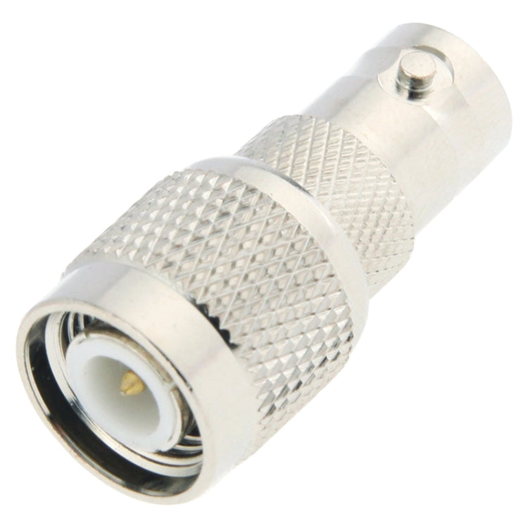 BNC-to-TNC coax adapter plug with knurled metal grip and BNC male end