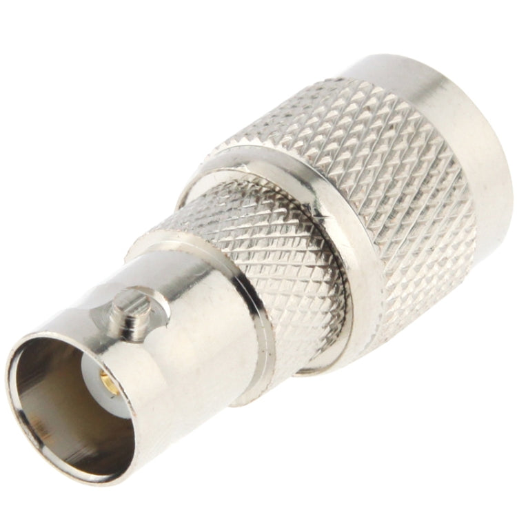 BNC-to-TNC coax adapter plug with knurled metal body and smaller TNC end