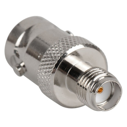 BNC to SMA coaxial jack adapter, metal body with knurled grip and gold center pin