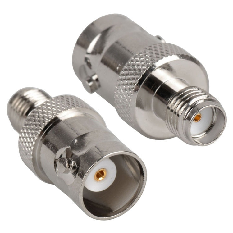 Two-piece BNC-to-SMA connector set with metal jacks and knurled grips