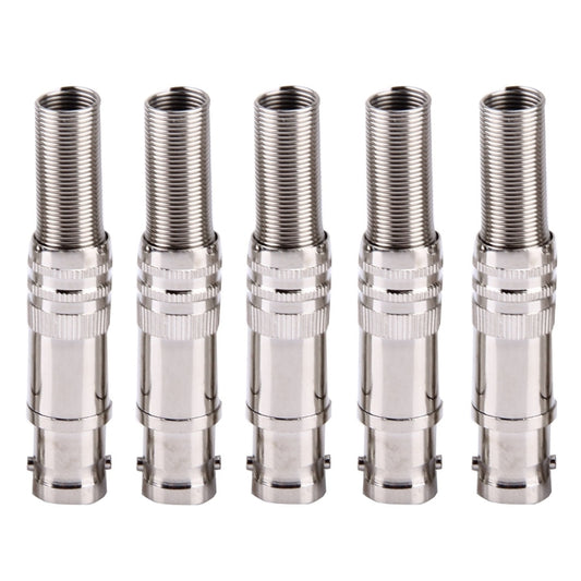 Set of five straight female BNC connectors, silver metal with knurled grip collars