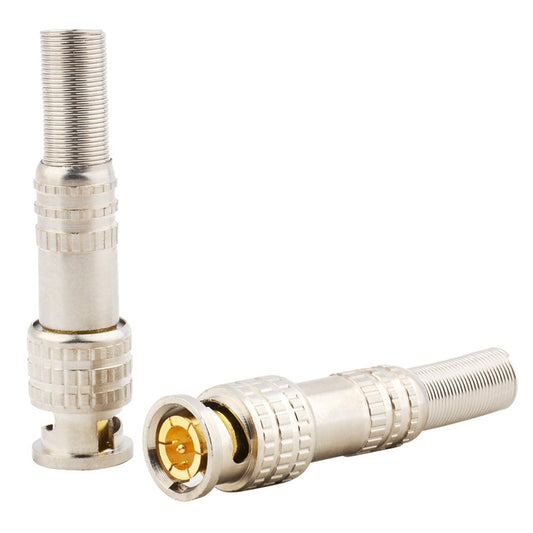 Two BNC male-to-female solder connectors, silver metal ends with gold center contacts
