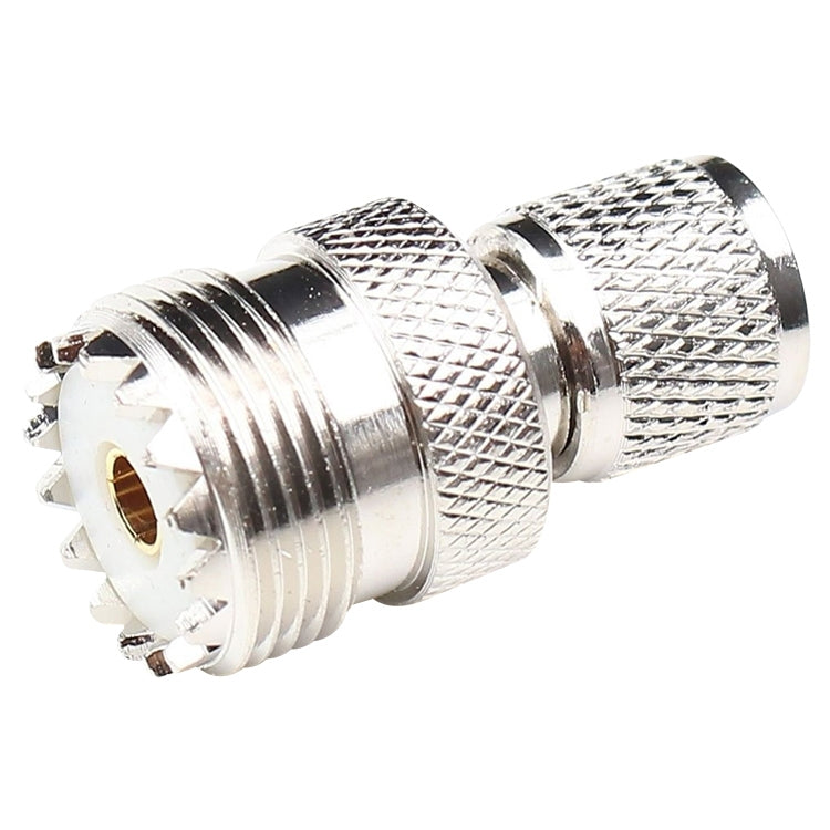 Metal RF coax connector, UHF female to UHF male, knurled grip, gold center pin