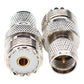 Close-up of UHF female and male connector ends, silver knurled housing, gold center pin