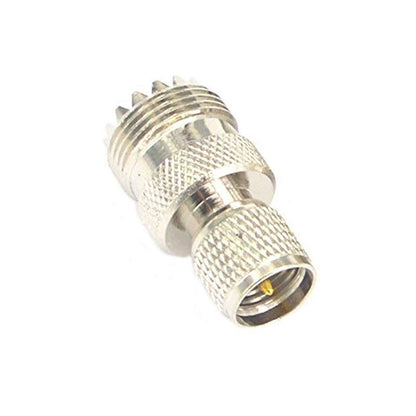 Metal UHF male to UHF female coax adapter, silver, threaded connectors