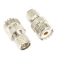 Silver RF coax adapter, UHF male and UHF female connectors side view with gold pin