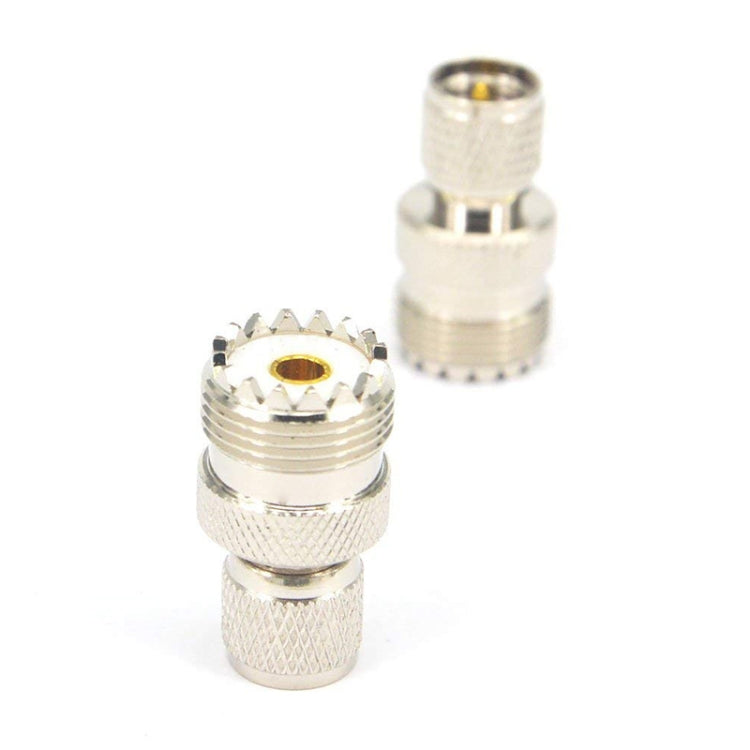 Silver UHF female connector with gold center and threaded coupling, RF coax adapter