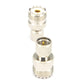 Silver UHF male-to-female coax adapter, gold center pin in threaded housing