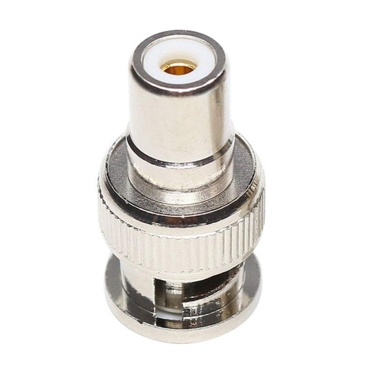 BNC male to RCA female coaxial adapter, metal body with gold center contact