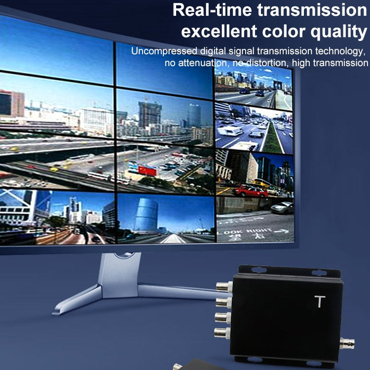 Transmitter video multiplexer box labeled T with coax connectors and monitor view