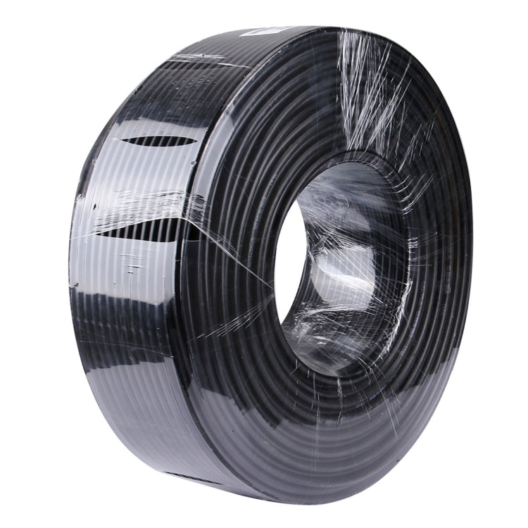 Coiled black 75 ohm RF coaxial cable roll with bundled plastic wrap