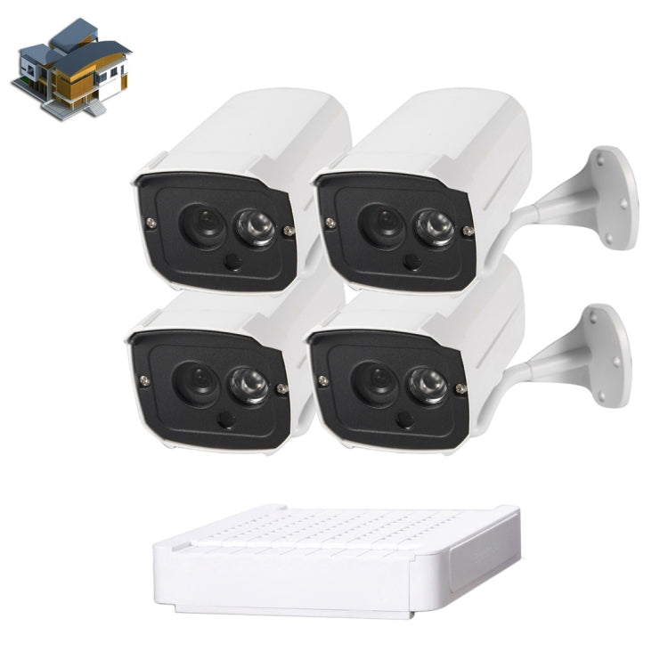 Security IP camera kit with four white outdoor cameras and a white NVR