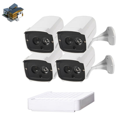 Security IP camera kit with four white outdoor cameras and a white NVR