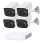 Four white outdoor IP cameras with wall mounts and a white NVR box