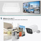 White IP security camera with black lens housing and mounting bracket
