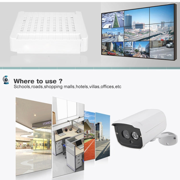 White IP security camera with black lens housing and mounting bracket