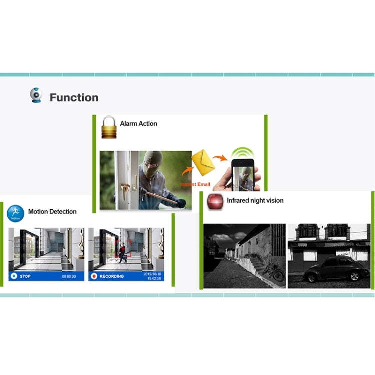 Security camera feature chart showing motion detection and infrared night vision