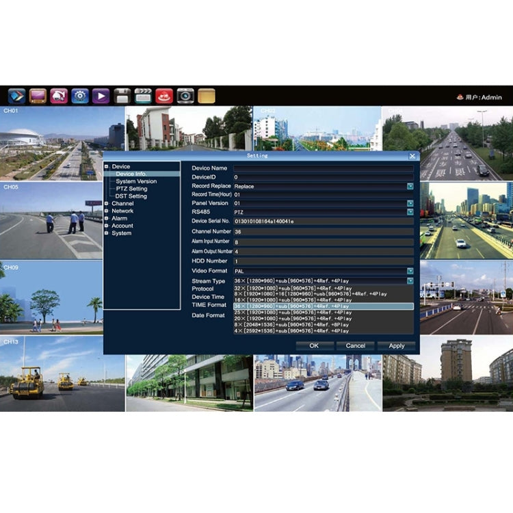 NVR admin settings screen with device configuration and live preview thumbnails
