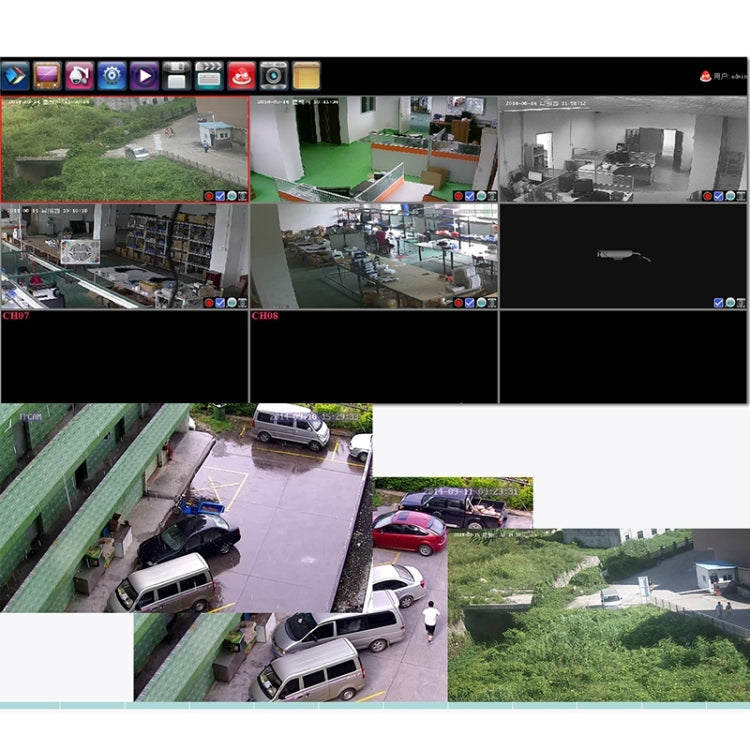 Security monitoring dashboard showing multiple camera views including parking area