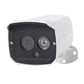 White outdoor IP camera with dual lenses and black front housing