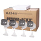 Four-pack IP camera kit with four small white cameras on a cardboard box