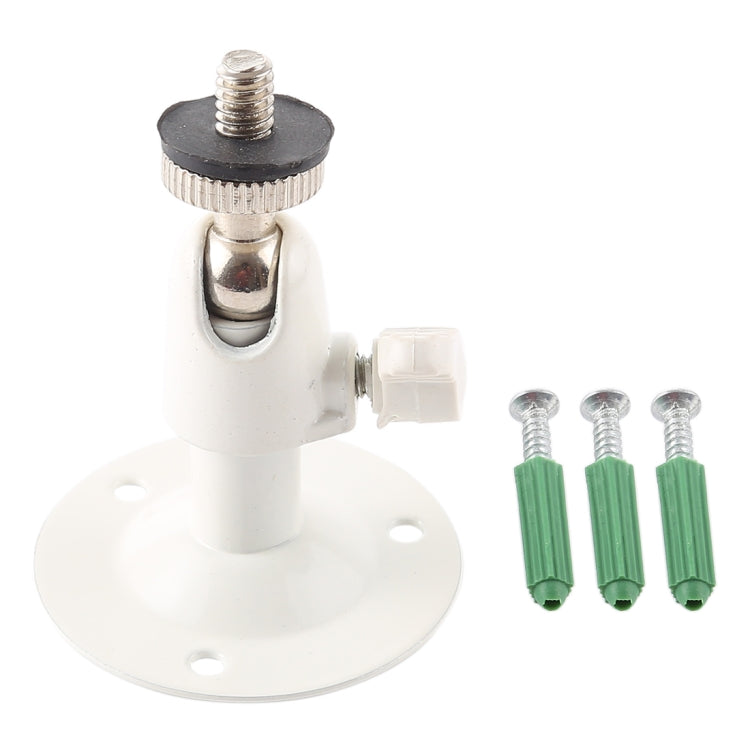 White metal CCTV camera mounting bracket with round base plate and threaded knob
