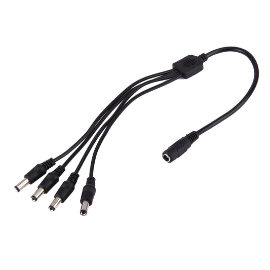 Black DC power splitter cable, 5.5x2.1mm barrel, 1 female to 4 male connectors