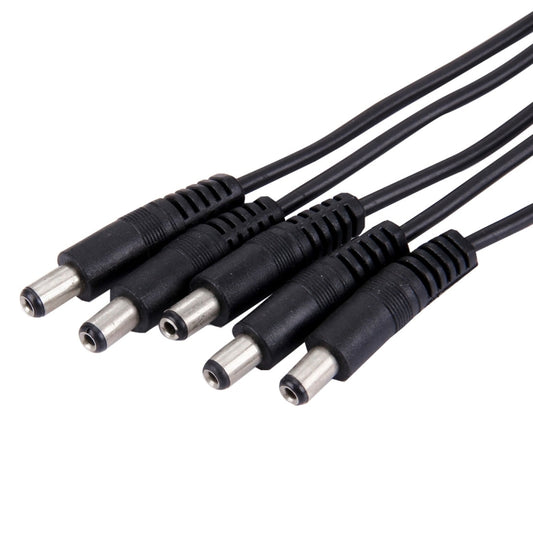 Five 5.5x2.1mm male DC barrel plugs on a black splitter cable