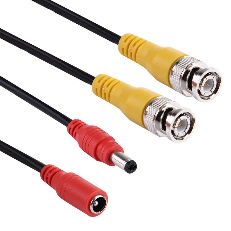 RG59 coax cable close-up with yellow BNC connectors and red RCA plug ends on black wire