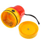 Yellow and red strobe warning light with open underside, springs, and black cable