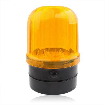 Yellow 6-LED strobe warning light, front view, black base, clear top lens
