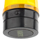 Yellow 6-LED strobe warning light close-up of black base with warning markings