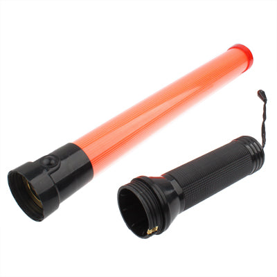 Red LED traffic baton with black textured grip and alarm lanyard