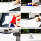 Hands installing a solar shark fin alarm light using adhesive on a car surface