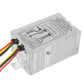 DC step-down transformer in silver metal housing with multi-color cable leads and label
