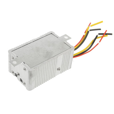 DC step-down transformer with metal housing, mounting bracket, and colored wire leads